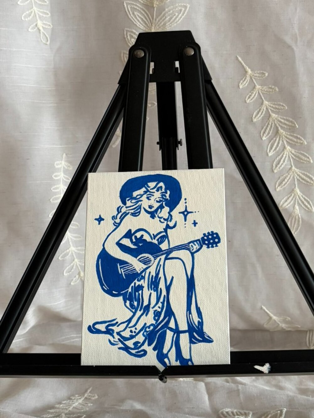 Hand Painted Retro Cowgirl Guitar Woman Acrylic Canvas 5x7